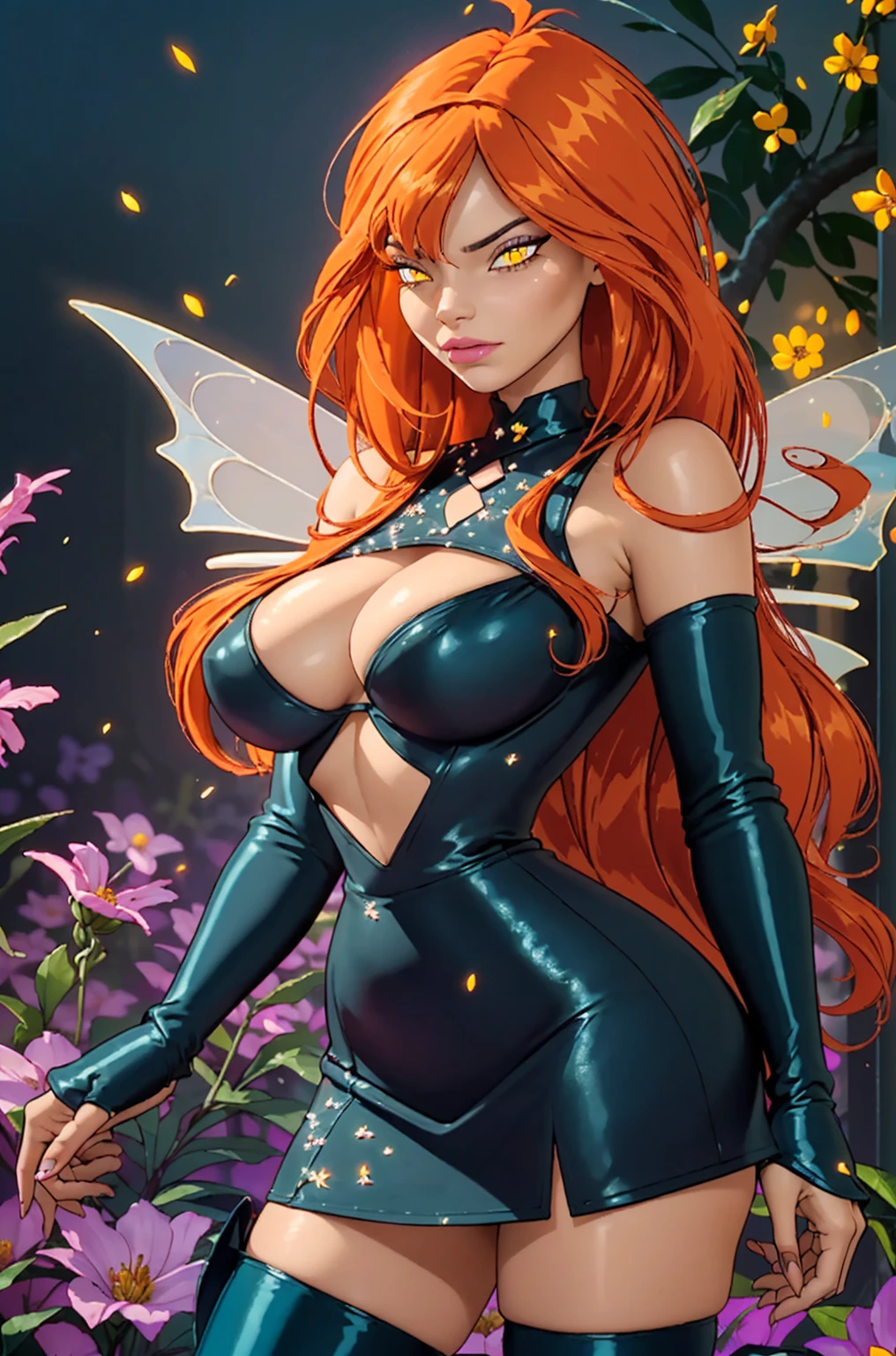 (ultra realistic,32k, masterpiece:1.2),(high detailed skin:1.1),( high quality:1.1),
Dark Bloom,rolling eyes, orange hair, very long hair, yellow eyes, boots, black skirt, gloves, black shirt, wings, sparkling clothing, thighhighs, flower field,(fire flowers:1.1), flowers,sunshine, pollen, pollen particles, blurry background,, (huge breast,large breast:1.1),(looking at viewer, standing,:1.1),(soft shaded neon light:1.1),