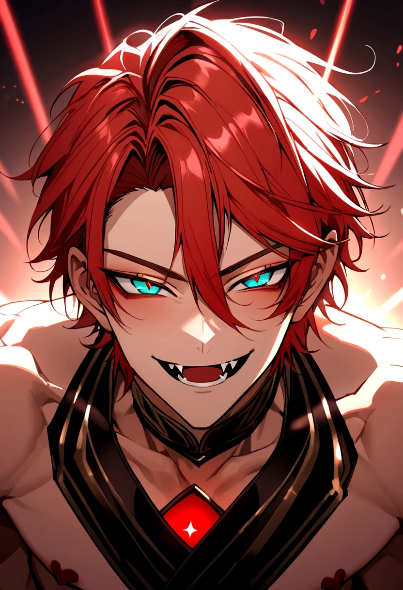 a sexy boy with black and crimson red hair, toned and smooth body (flirtatious smile with fangs) (a perverted look) aquamarine eyes with a black star inside his eyes, and his nepe is very noticeable