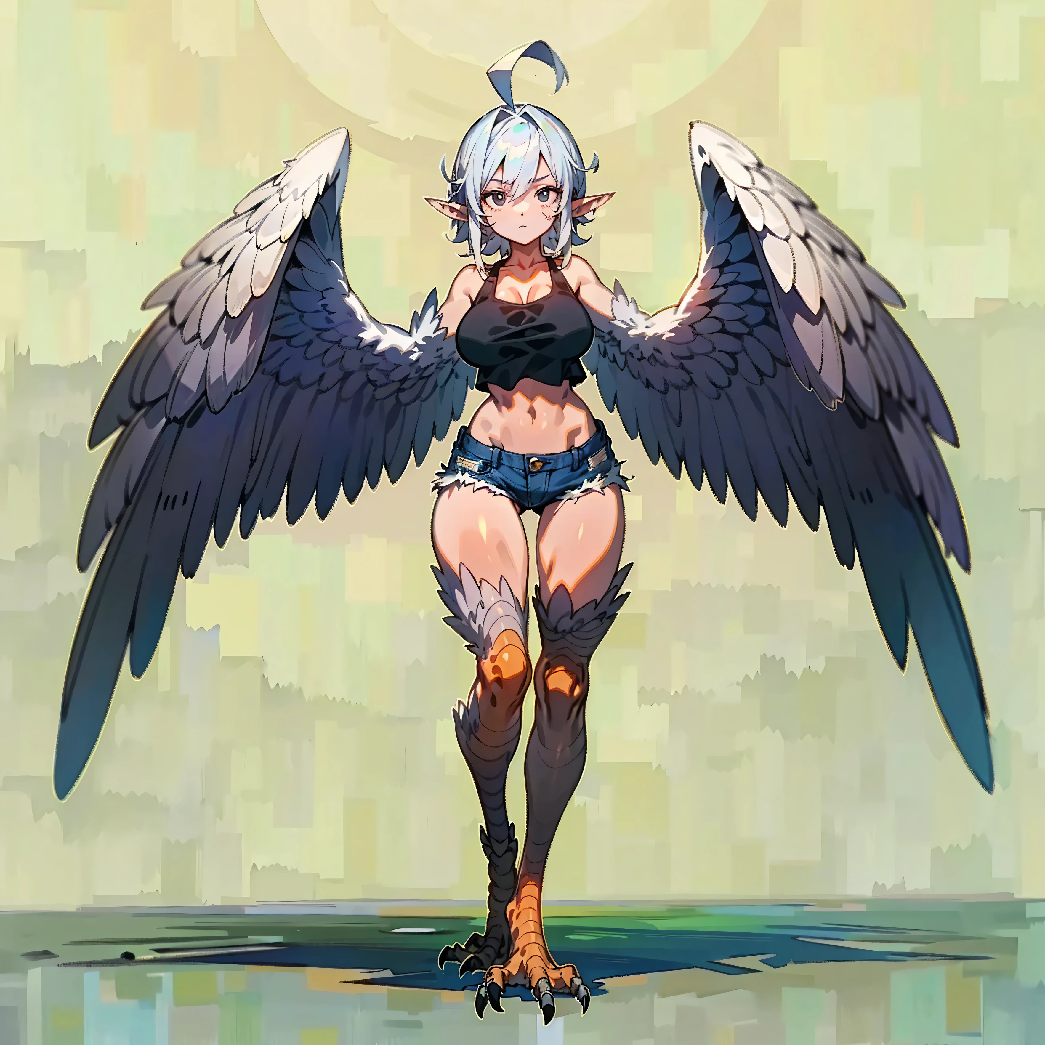 1girl, ((harpy)), short messy white hair, ahoge, pointy ears, black eyes, big breast, wide hips, thick thighs, ((winged-arms)), white bird wings, tank top, denim shorts, expressionless face, ((standing pose)), ((full body)), ((solo)), ((best quality)), ((masterpiece)), portrait, looking at the camera, from the front view, simple background, ((detailed)), ((perfect anatomy)), ((detailed art)), ((high definition)), ((4k)), ((high resolution))