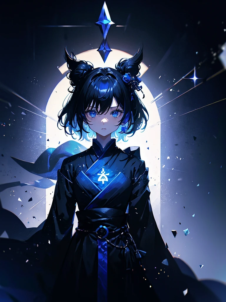 25-year-old girl、Rune background、black magician、Wearing a black robe、mesmerize、cute woman、Elegant hairstyle、indigo hair color、Slightly shorter hair、blue eyes、look at the viewer、masterpiece、Best image、