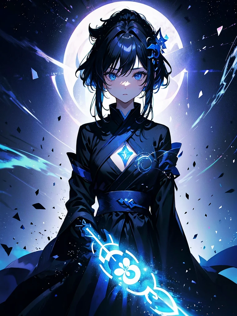 25-year-old girl、Rune background、black magician、Wearing a black robe、mesmerize、cute woman、Elegant hairstyle、indigo hair color、Slightly shorter hair、blue eyes、look at the viewer、masterpiece、Best image、