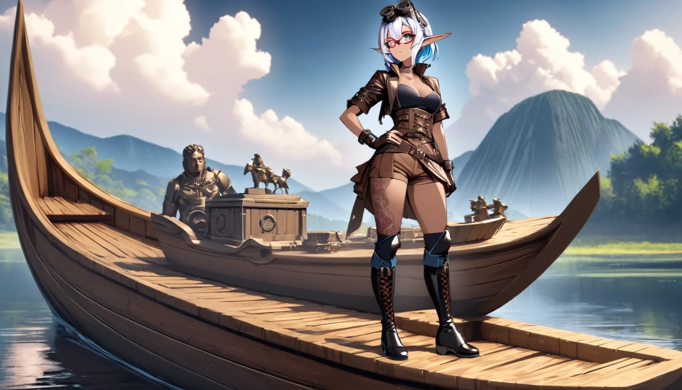 Masterpiece, high quality, illustration, extremely detailed, CG 8k unit, Dirigible, wind effects, 1_Women, whole body, standing on the deck of the wooden boat, clouds, lake, (exotic skin_complexion:1.4),maduro, statuary, high, beautiful, exotic, with long elf ears, looking to the side, two tone hair, long silver hair with Blue hair underneath, detailed face with diamond shaped eyes, (Blue_eyes), (dark_eyeliner), long_medium lashes_bust, airtight_gap, wearing steampunk corsé, chest window, brown shorts, cross belts, (glasses on head), red tinted glasses lenses, long fingerless_gloves, belts with metal gears, brown half skirt, hands on the hips, black airtight highs with embroidery, lace-up knee-high boots, Dynamic lighting casts detailed shadows., by canon dos, SIGMA 35mm F1 Art Lens.4, iso 100 shutter speed 2000, perfect hands,