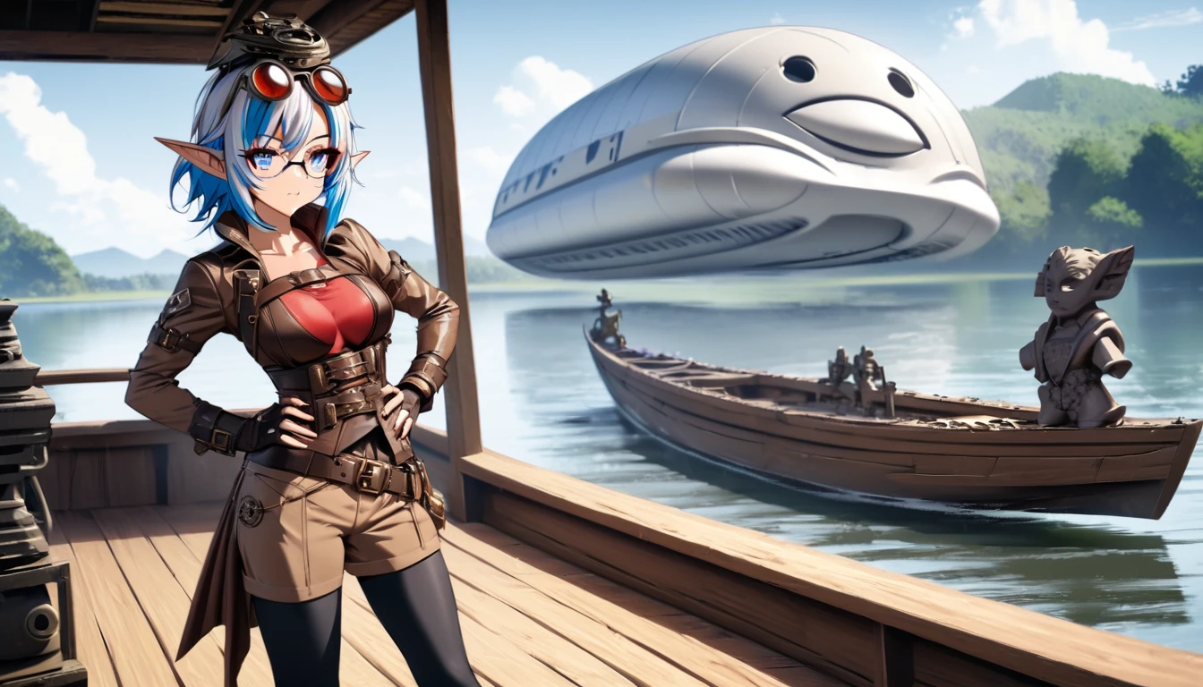 Masterpiece, high quality, illustration, extremely detailed, CG 8k unit, Dirigible, wind effects, 1_Women, whole body, standing on the deck of the wooden boat, clouds, lake, (exotic skin_complexion:1.4),maduro, statuary, high, beautiful, exotic, with long elf ears, looking to the side, two tone hair, long silver hair with Blue hair underneath, detailed face with diamond shaped eyes, (Blue_eyes), (dark_eyeliner), long_medium lashes_bust, airtight_gap, wearing steampunk corsé, chest window, brown shorts, cross belts, (glasses on head), red tinted glasses lenses, long fingerless_gloves, belts with metal gears, brown half skirt, hands on the hips, black airtight highs with embroidery, lace-up knee-high boots, Dynamic lighting casts detailed shadows., by canon dos, SIGMA 35mm F1 Art Lens.4, iso 100 shutter speed 2000, perfect hands,