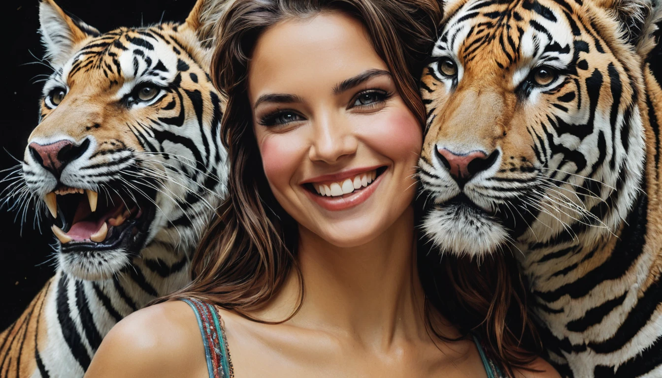 half body,
a woman smile with her best friend her cebra,
dark complex background, style by Thomas Kinkade+David A. Hardy+Carne Griffiths+Mandy Disher half vivid colors fine art, best quality, high detailed, detailed faces, 2d,