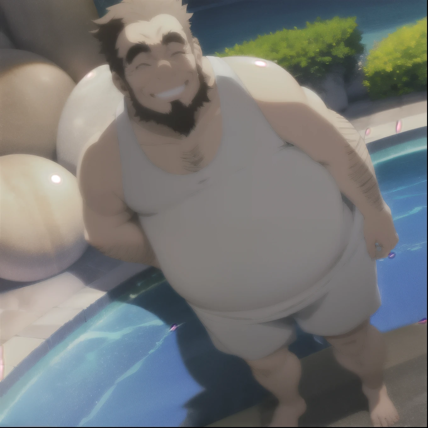 best quality, full body, smile, laughing, eyes closed, (drunk:1), daytime, summer, (level-37:1.8), looking at viewer, BREAK mature male, (wide shot, panorama, fisheye:1), masterpiece, (old man:1), (white tanktop, wet white shirt:1.2), blue jeans, (brown hair:0.7), (fat man:1), hand on belly, (arm hair:1), green eyes, beard, (sideburns:1), thick eyebrows,