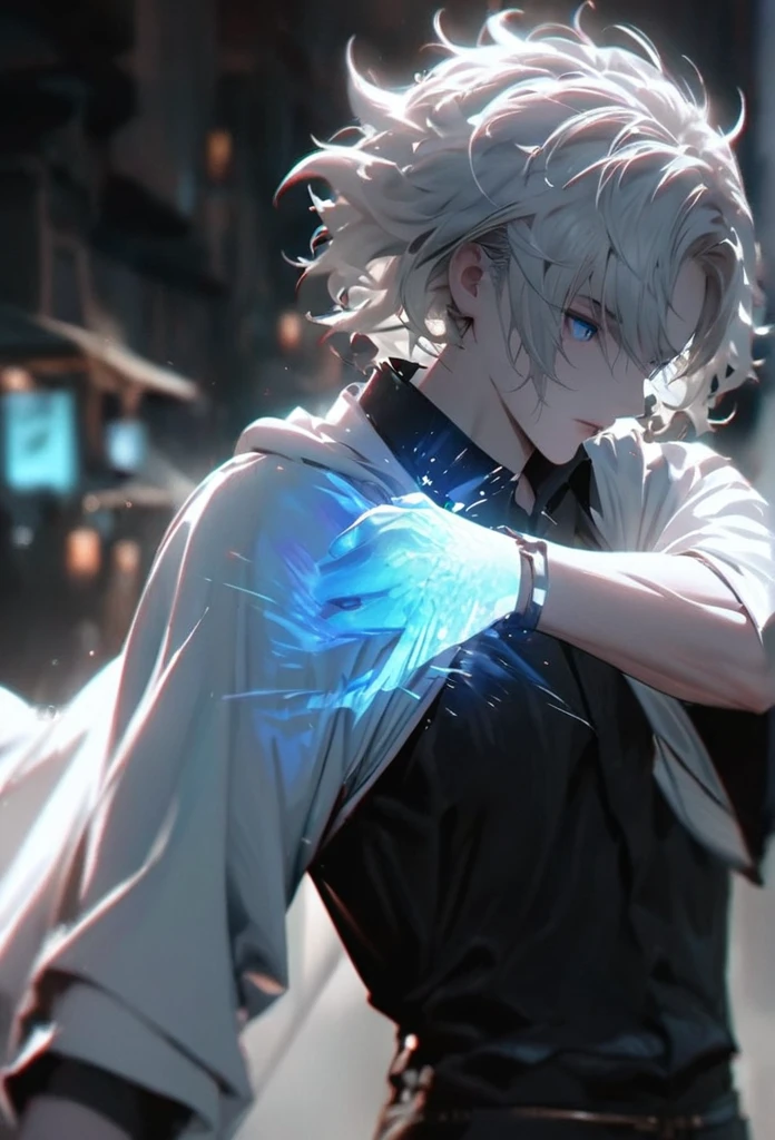 (solo), white hair, messy hair, mane hair, short hair, dense hair, wild hair, expressive hair, mature,(25 year old), pale skin, blue eyes, ((male)), wearing a black dress shirt, wearing a white cloak,, rolled up sleeves, handsome, attractive, eye reflection, depth of field, blue thunder aura, blue cinematic lighting, blue ray tracing, depth of field, cinematic lighting, blue ray tracing, UHD, high details, best quality, highres, high quality, award winning, super detail, masterpiece, 8k, UHD, high details, best quality, highres, high quality, award winning, super detail, masterpiece, 8k, digital art, anime coloring, full body shot, body shot, In a fighting position, Hand to hand combat, good face, perfect face, detailed face, good eyes, looking towards the screen.