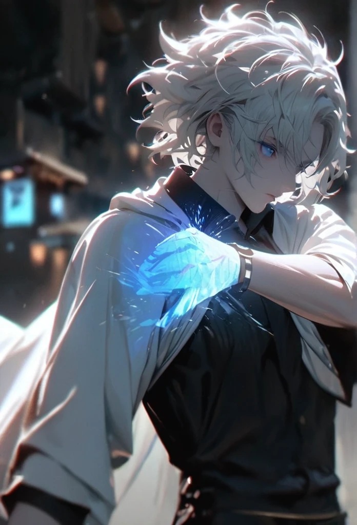 (solo), white hair, messy hair, mane hair, short hair, dense hair, wild hair, expressive hair, mature,(25 year old), pale skin, blue eyes, ((male)), wearing a black dress shirt, wearing a white cloak,, rolled up sleeves, handsome, attractive, eye reflection, depth of field, blue thunder aura, blue cinematic lighting, blue ray tracing, depth of field, cinematic lighting, blue ray tracing, UHD, high details, best quality, highres, high quality, award winning, super detail, masterpiece, 8k, UHD, high details, best quality, highres, high quality, award winning, super detail, masterpiece, 8k, digital art, anime coloring, full body shot, body shot, In a fighting position, Hand to hand combat, good face, perfect face, detailed face, good eyes, looking towards the screen.