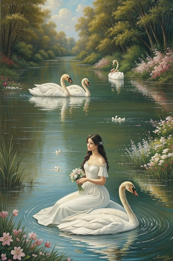 Please can you create an image that is an oil painting on canvas in an impressionist style , and let there be a beautiful couple of swans, two swans, a swan in front of the other swan showing their love in a river with flowers, swans have a baby swan, and on the river bank a beautiful woman with a simple dress and long hair, The woman is watching them from a distance while touching the water with her feet and is sitting on the bank of the river., the woman feels lonely when she sees the love of the swan couple, there are flowers in the river, the painting is horizontal, On one side are the swans and on the other is the woman, The woman is very beautiful and her hair is black., 