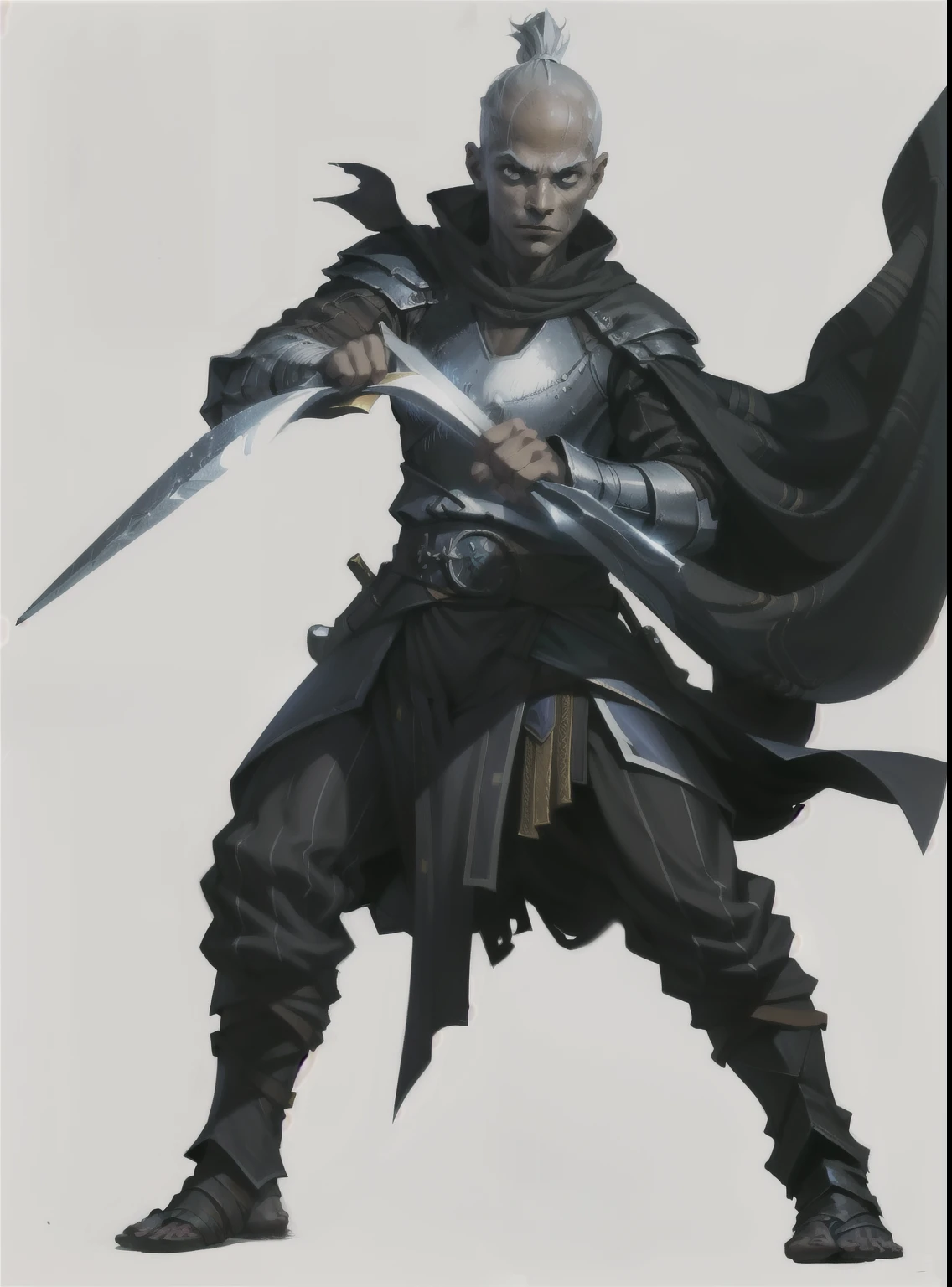 Eu quero um personagem com White background, png,Full-body image,duelist, expert in sword duels, man with black cloth covering from head to toe and two scimitars in each hand, in medieval combat stance, Maintain position, but change what he&#39;s holding. More details, White background
