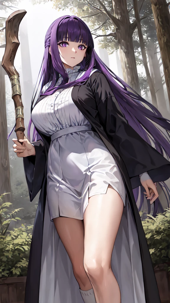 masterpiece, Highest quality, High resolution, Arfern, Long Hair, Purple Hair, Blunt bangs, Purple eyes, Large Breasts, Long dress, White Dress, Black Robe, Long sleeve, Are standing, holding staff, forest, Cowboy Shot,
