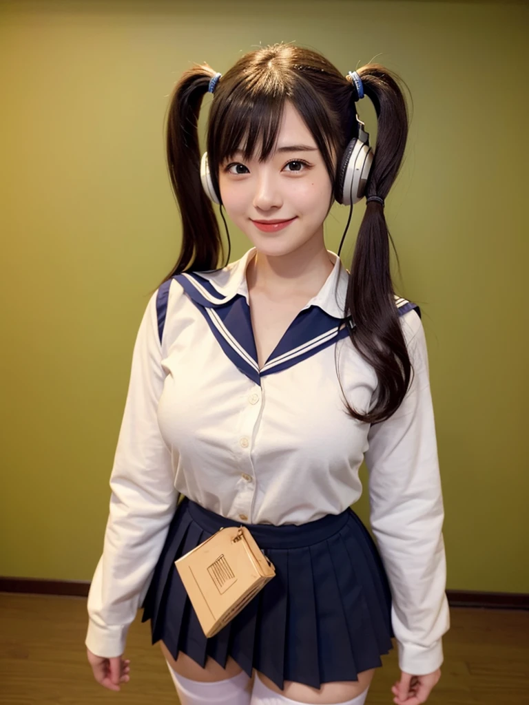 best quality, masterpiece, realistic, photorealistic, 1girl, solo, looking at viewer, smile, standing, full body, arms at side, cosplay, BLACK hair, twintails, hair ornament, very short hair, headphones, alternate costume, , sailor collar, shirt, long sleeves, necktie, skirt, pleated skirt, white thighhighs, loafers, simple background, Japanese women、24-years-old、The background is a pure white room、Singing on a microphone、No bangs、The chest is very small、very Short hair