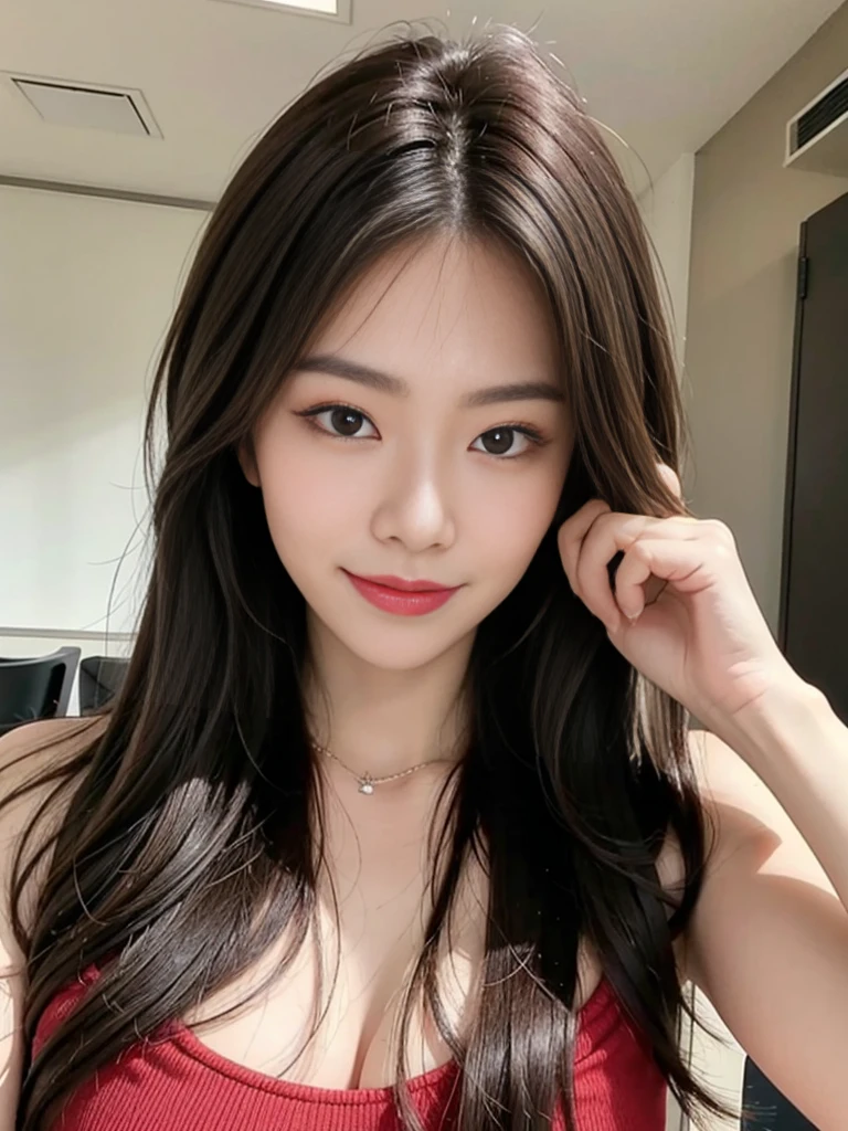 arafed asian woman in red cute top posing for a picture in meeting room, a picture by Oliver Sin, trending on cg society, shin hanga, wearing a red cute top, korean girl, gorgeous young korean woman, beautiful asian girl, beautiful south korean woman, gorgeous chinese model, young and cute girl, beautiful young korean woman, asian girl, korean woman, smile, closed lips, wavy hair