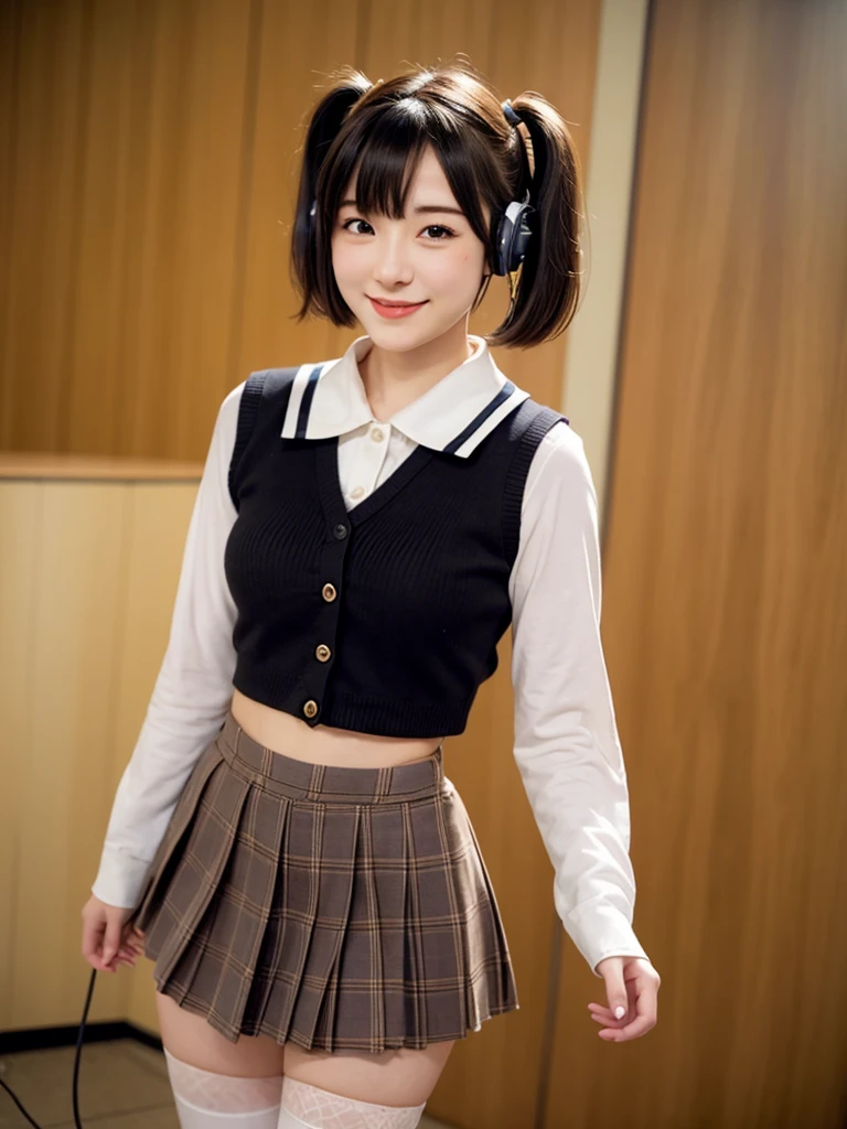 best quality, masterpiece, realistic, photorealistic, 1girl, solo, looking at viewer, smile, standing, full body, arms at side, cosplay, BLACK hair, twintails, hair ornament, very short hair, headphones, alternate costume, , sailor collar, shirt, long sleeves, necktie, skirt, pleated skirt, white thighhighs, loafers, simple background, Japanese women、24-years-old、The background is a pure white room、Singing on a microphone、No bangs、The chest is very small、very Short hair