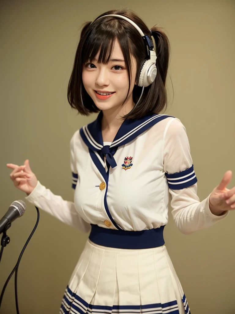 best quality, masterpiece, realistic, photorealistic, 1girl, solo, looking at viewer, smile, standing, full body, arms at side, cosplay, BLACK hair, twintails, hair ornament, very short hair, headphones, alternate costume, , sailor collar, shirt, long sleeves, necktie, skirt, pleated skirt, white thighhighs, loafers, simple background, Japanese women、24-years-old、The background is a pure white room、Singing on a microphone、No bangs、The chest is very small、very Short hair