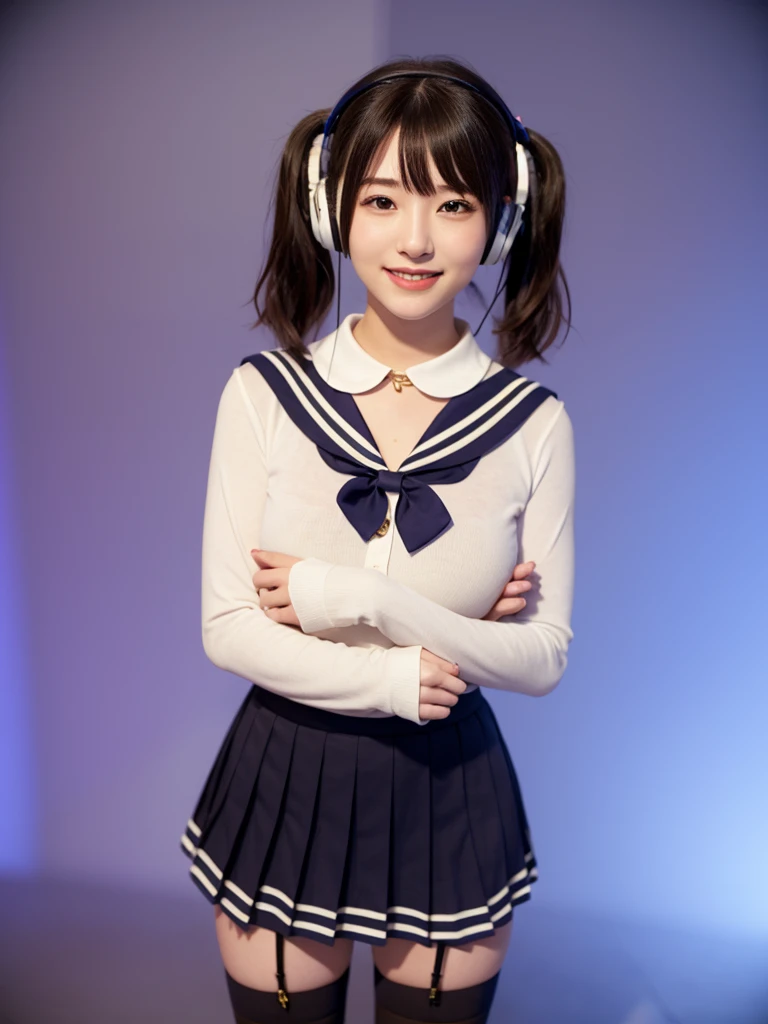 best quality, masterpiece, realistic, photorealistic, 1girl, solo, looking at viewer, smile, standing, full body, arms at side, cosplay, BLACK hair, twintails, hair ornament, very short hair, headphones, alternate costume, , sailor collar, shirt, long sleeves, necktie, skirt, pleated skirt, white thighhighs, loafers, simple background, Japanese women、24-years-old、The background is a pure white room、Singing on a microphone、No bangs、The chest is very small、very Short hair