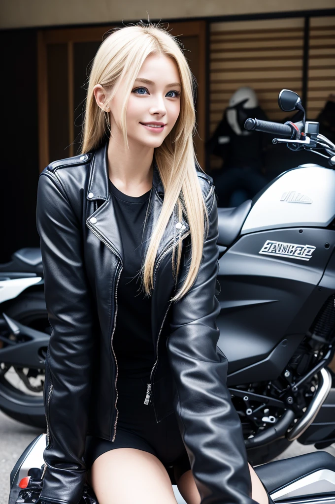 Highest quality, Ultra-high resolution, (Realistic:1.4),Black rider jacket、Open chest black T-shirt、Leaning forward、Japanese、Gal、blonde、blue eyes、cute、smile、A large motorcycle in the background