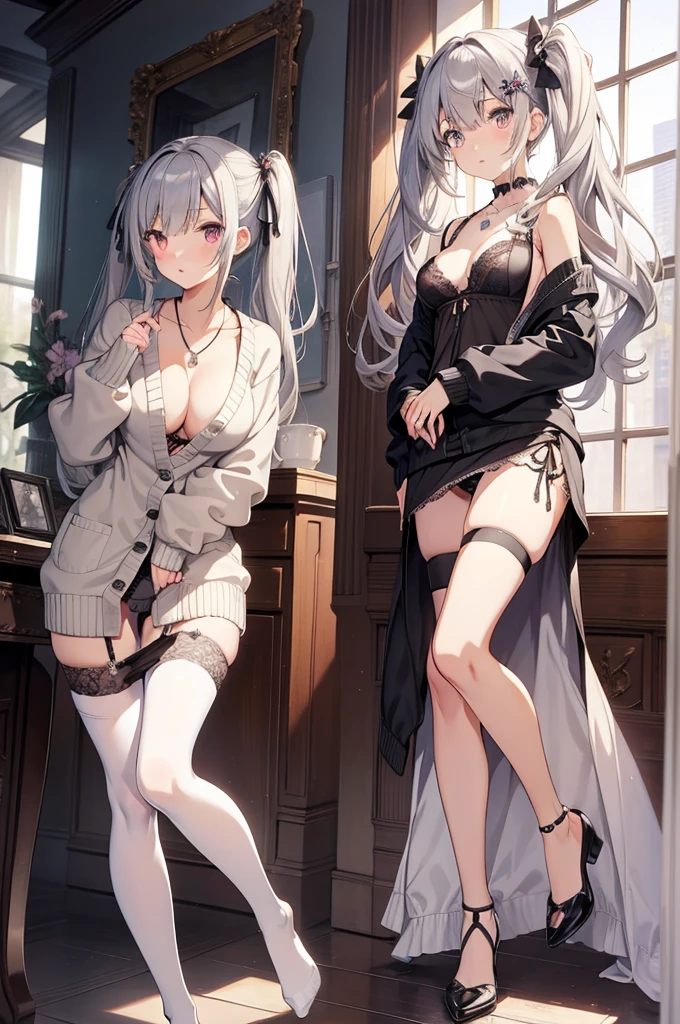 masterpiece, Highest quality, pretty girl,Gray Hair,Small breasts, skinny,hair ornaments, Twin tails,Large areola,Erect nipples,Big panties,cardigan,,Lace pattern stockings, necklace, skinny ,,((Showing panties)),clerk,Half-taken off pencil skirt