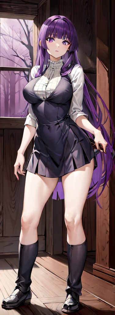 masterpiece, Highest quality, High resolution, Arfern, Long Hair, Purple Hair, Blunt bangs, Purple eyes, Large Breasts, Long dress, White Dress, Black Robe, Long sleeve, Are standing, holding staff, forest, Cowboy Shot,