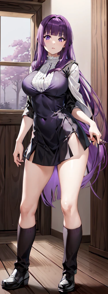masterpiece, Highest quality, High resolution, Arfern, Long Hair, Purple Hair, Blunt bangs, Purple eyes, Large Breasts, Long dress, White Dress, Black Robe, Long sleeve, Are standing, holding staff, forest, Cowboy Shot,