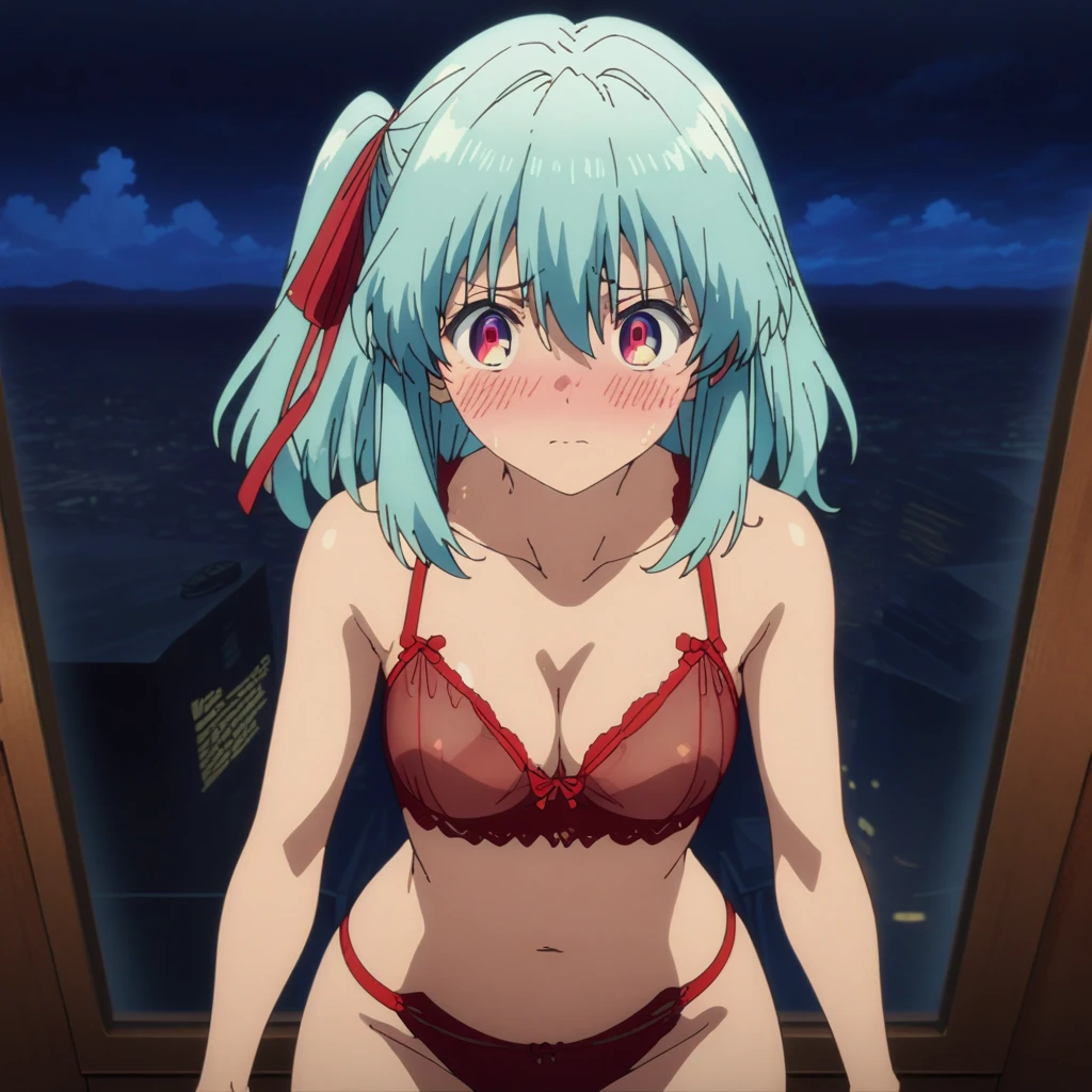cel-shaded, 1990s_anime, detailed, high quality, masterpiece, best quality, very aesthetic, absurdres, anime screencap, miku. 1girl, solo, (red eyes:1.5), detailed eyes, light blue hair, medium hair, one side up , bangs, hair between eyes, hair ribbons, red lingerie, (((see-through))), red garter straps, thighs, bare feet, medium breasts, blush, borrowed, embarrassed, sexy, collarbone, cleavage, cowboy shot, ((from front)), against window, city, sky, clouds, night, (standing), ((open legs)), (looking at viewer:1.0