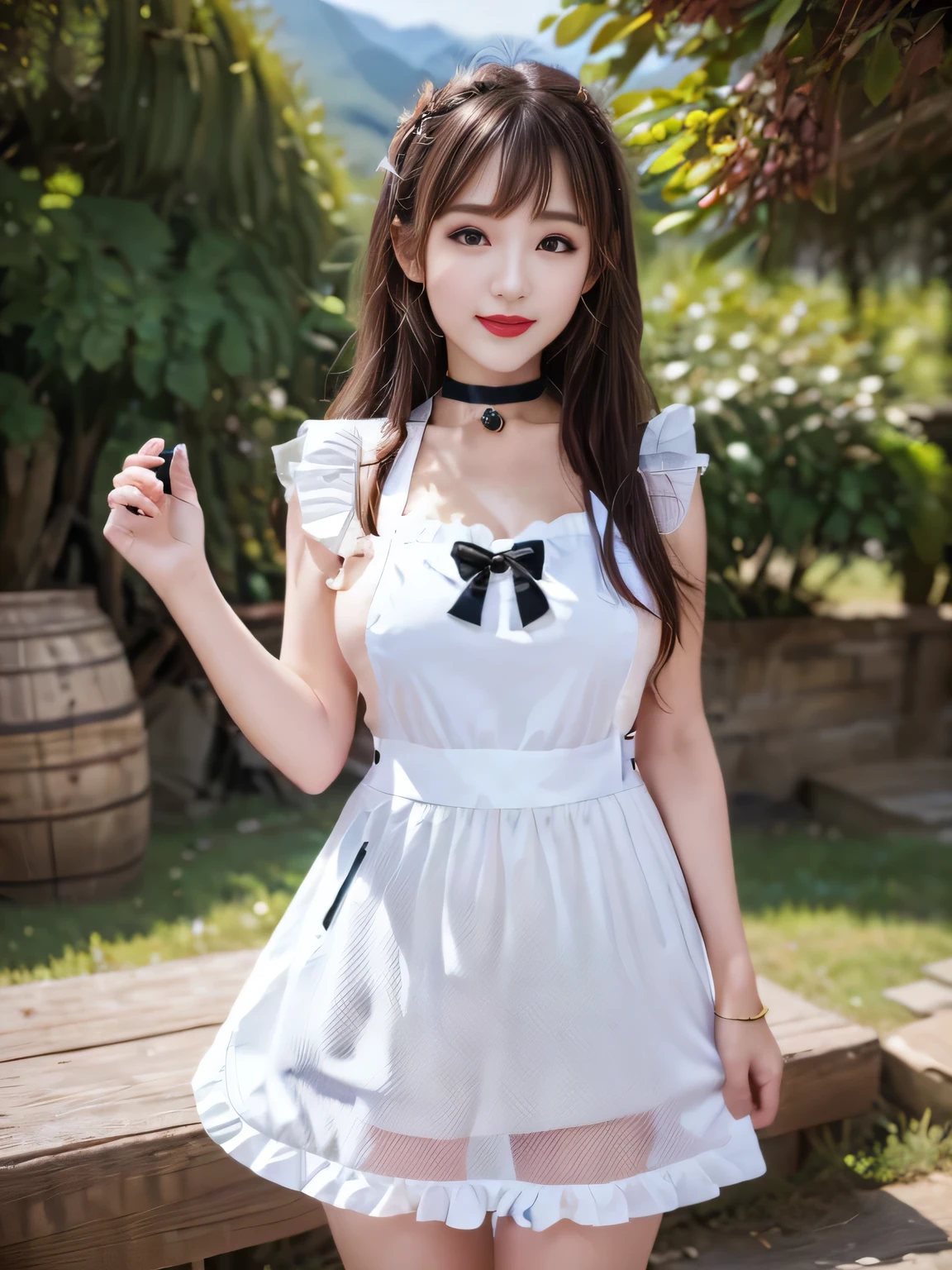 ((Highest quality, 8K, Representative works in detail, Ultra-high resolution)), (Looking at the audience), Attractive woman, (()),  smile, ((Black Choker)), Slim figure, (blue eyes), Long eyelashes, bangs, Beautiful shiny brown hair, Nogizaka idol, Slim face、((apron、Full body portrait)), Millionaire's daughter、Dependents、Glossy straight hair、((Mountain trail、look up、Nice views)), Red lipstick, ((Mountainous Regions))、blue sky、Healthy Thighs、