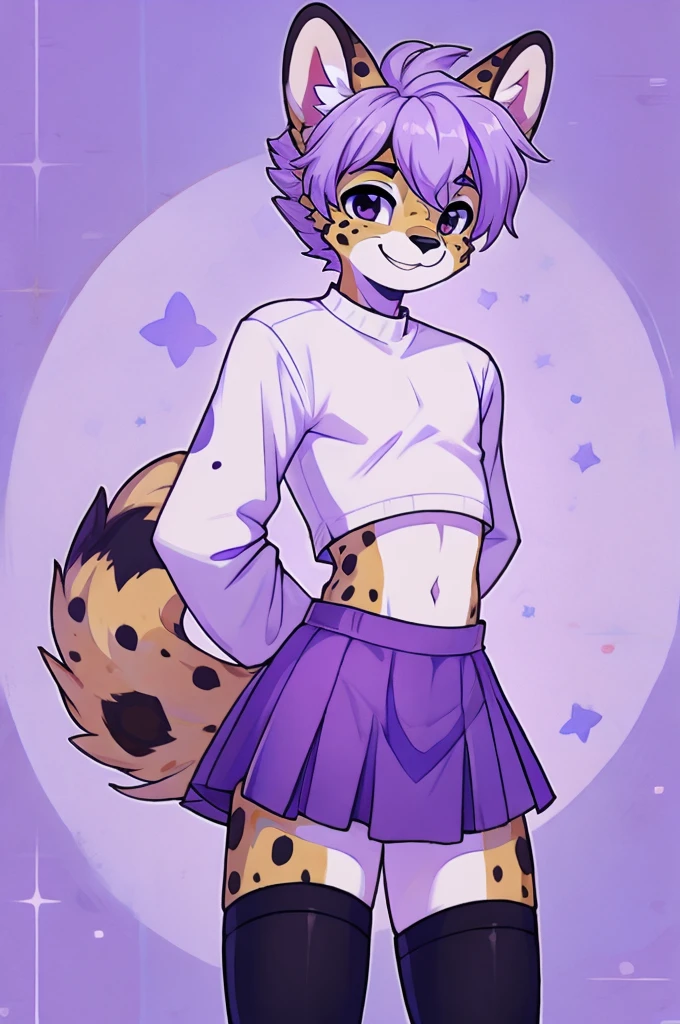 male anthro furry, age boy, serval, lavender colored skirt, white thigh high socks, white long-sleeve crop top, cute pose, smiling, light purple hair with black spots, hands behind back