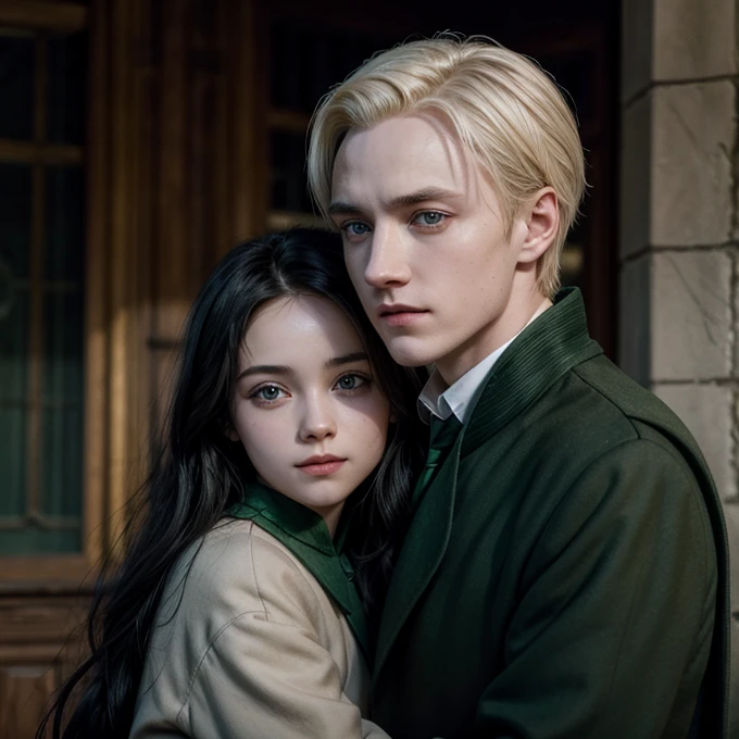 Draco Malfoy hugging a Slytherin girl with long wavy black hair he is smiling and she is serious