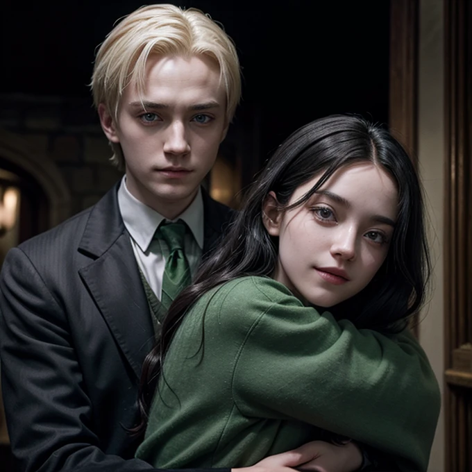 Draco Malfoy hugging a Slytherin girl with long wavy black hair he is smiling and she is serious
