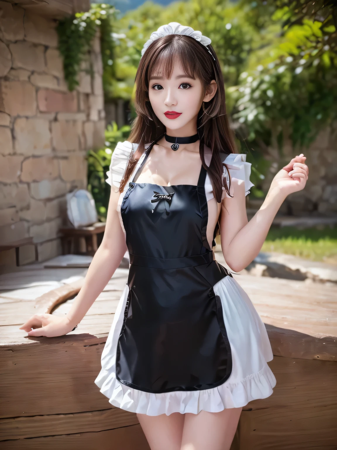 ((Highest quality, 8K, Representative works in detail, Ultra-high resolution)), (Looking at the audience), Attractive woman, ((Big Breasts)), smile, ((Black Choker)), Slim figure, (blue eyes), Long eyelashes, bangs, Beautiful shiny brown hair, Nogizaka idol, Slim face、((apron、Full body portrait)), Millionaire's daughter、Dependents、Glossy straight hair、((Mountain trail、look up、Nice views)), Red lipstick, ((Mountainous Regions))、blue sky、Healthy Thighs、