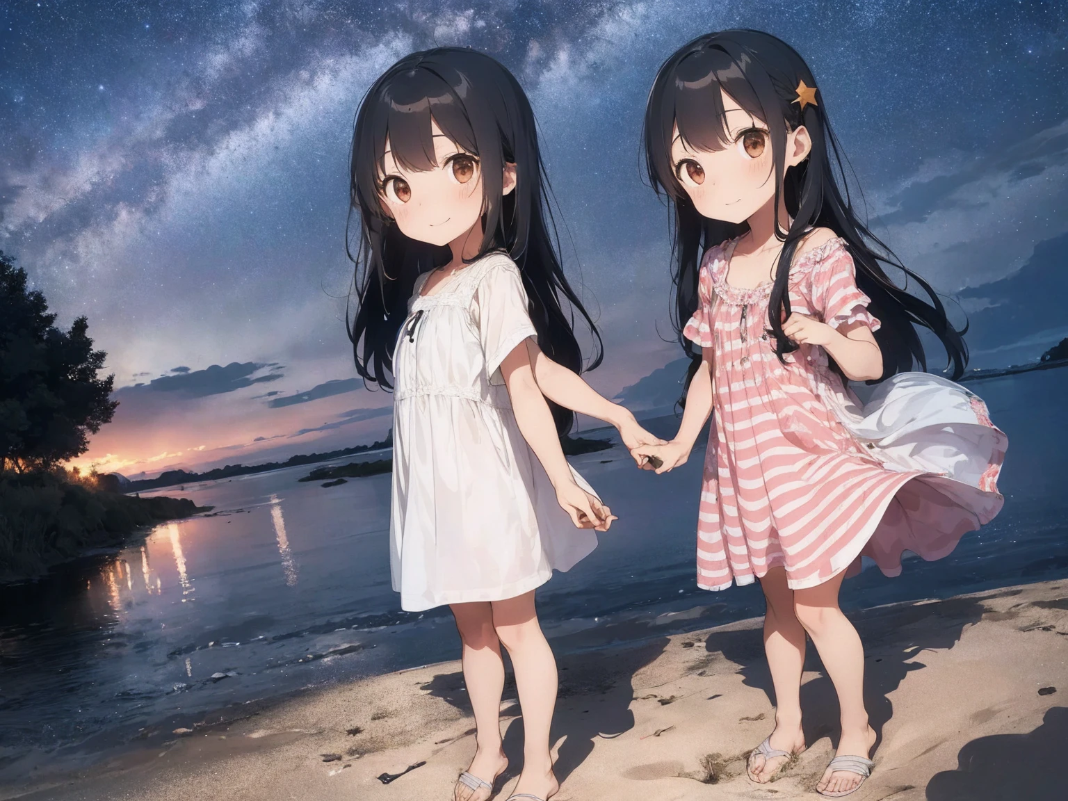Starry Sky、Girl with long black hair、Pale red and white striped dress、Bare feet and sandals、Sisters Apart in Age、hug、Standing posture、Kindergarteners