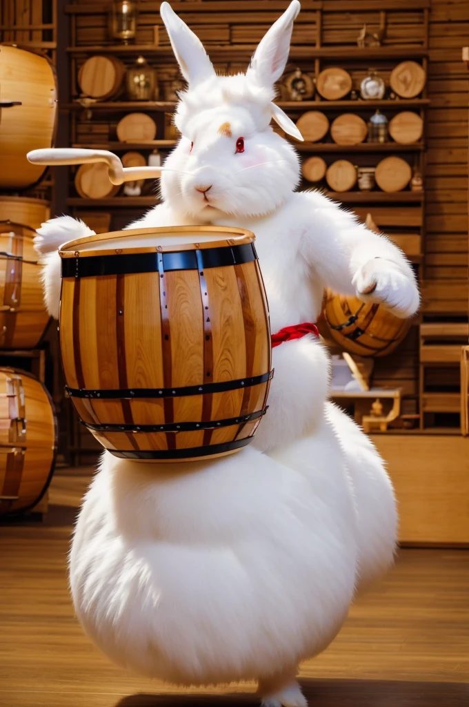 an anthropomorphic white rabbit dressed as a viking playing a giant taiko drum, masterpiece, best, photo realistic