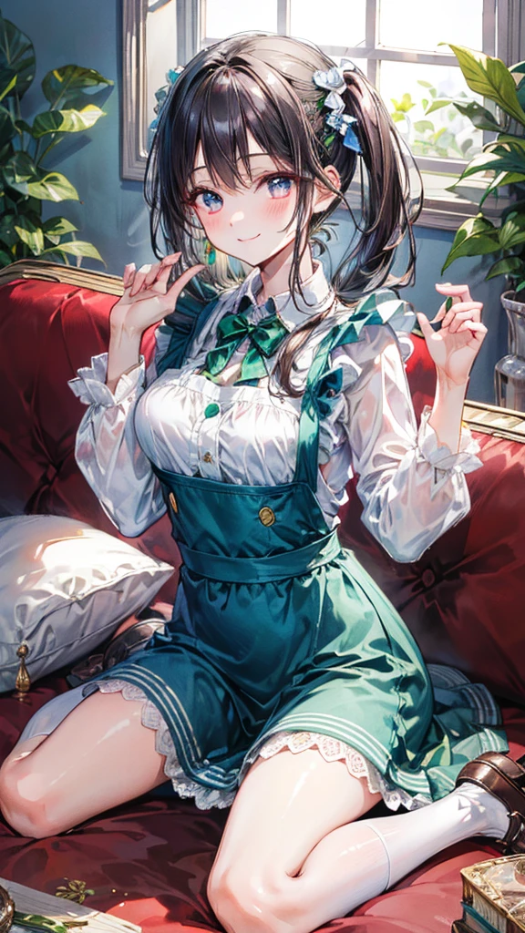 (Best quality, 8k, 32k, Masterpiece, UHD,:1.2),RAW, human, 1girl,ultra cute , ultra cute, natural lighting, transparent shining eyes, 20yo, medium breast ,femur, fair complexion , flushed face, ,Homemade Country Dress,long-sleeved dress in muted colors, Handmade apron for practicality and style, sturdy fabrics like cotton, Happily Smiling, ((wariza)), on sofa, emerald green