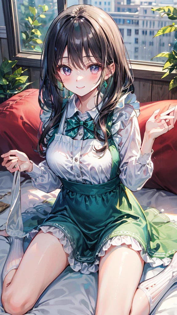 (Best quality, 8k, 32k, Masterpiece, UHD,:1.2),RAW, human, 1girl,ultra cute , ultra cute, natural lighting, transparent shining eyes, 20yo, medium breast ,femur, fair complexion , flushed face, ,Homemade Country Dress,long-sleeved dress in muted colors, Handmade apron for practicality and style, sturdy fabrics like cotton, Happily Smiling, ((wariza)), on sofa, emerald green