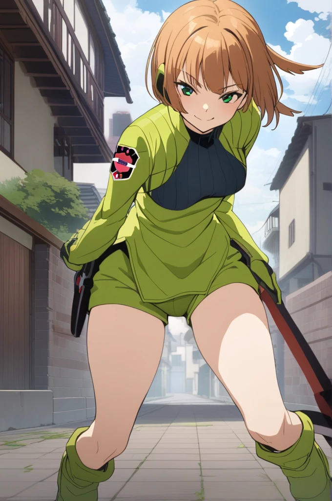 Konami,One girl,smile, View your viewers, Green jacket, gloves, Green shorts,Green footwear, holding ax,ax,building, masterpiece,Highest quality,