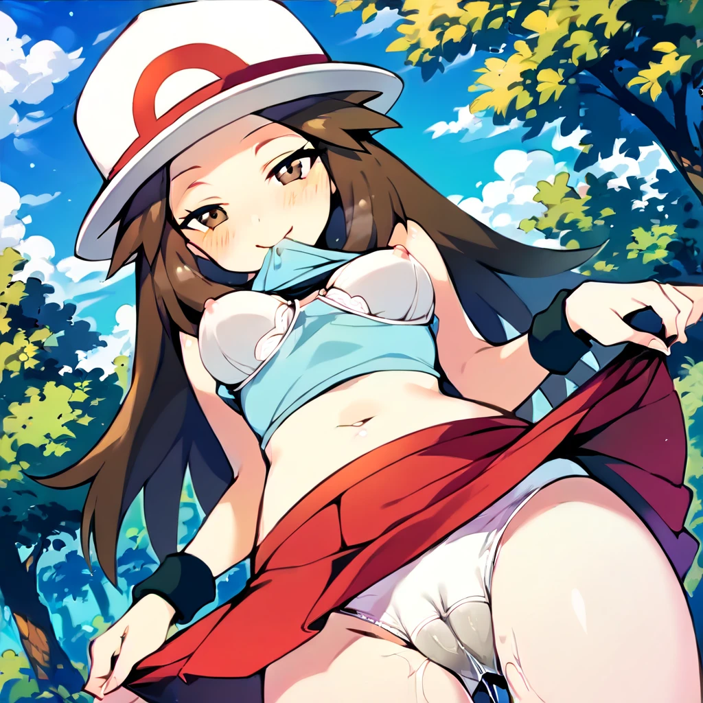 best quality, source_anime, cel shading, flat color, vector, detailed background, blue background, clouds, trees, forest, BREAK 1girl, solo, leaf_(\pokemon\), brown hair, long hair, brown eyes, white hat, blue sleeveless shirt, red skirt,, wristbands, medium breasts, cowboy shot, looking at viewer, smile, ((pussy juice, cameltoe, skirt lift, white panties,lifting shirt with mouth, white bra, middriff)), ((bedroom eyes, blushing, panting)), smile,