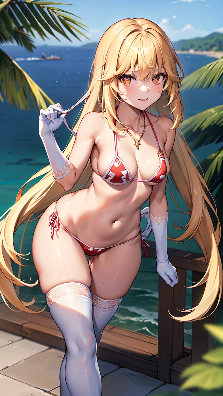 (Masterpiece, best quality, illustration), digital art, Asuna (SAO), in white bikini, ((see-through bikini)), (visible ass), back view, (soaked panty), (perfect round ass), slightly atheletic back, slim body, long blonde hair, blushing face, looking back, seductive look, beach hut, beach background, HD, 4k, 8k, (highres), extremely detailed, award-winning