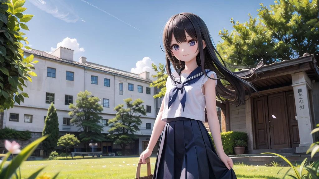 (masterpiece),  town,  blue sky,  One Girl,  smile,  alone,  Sailor suit、Long skirt,  Overgrown,  petal,  plant、Skirt lining、Translucent slip、Nostalgic