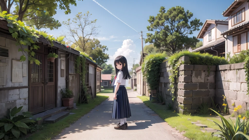 (masterpiece), town, blue sky, One Girl, smile, alone, Sailor suit、Long skirt, Overgrown, petal, plant、Skirt lining、Translucent slip、Nostalgic