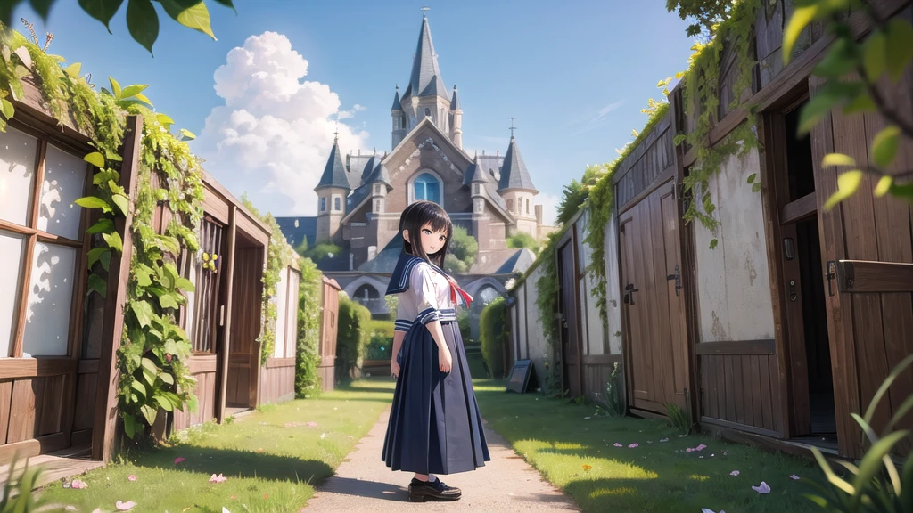 (masterpiece),  town,  blue sky,  One Girl,  smile,  alone,  Sailor suit、Long skirt,  Overgrown,  petal,  plant、Skirt lining、Translucent slip、Nostalgic