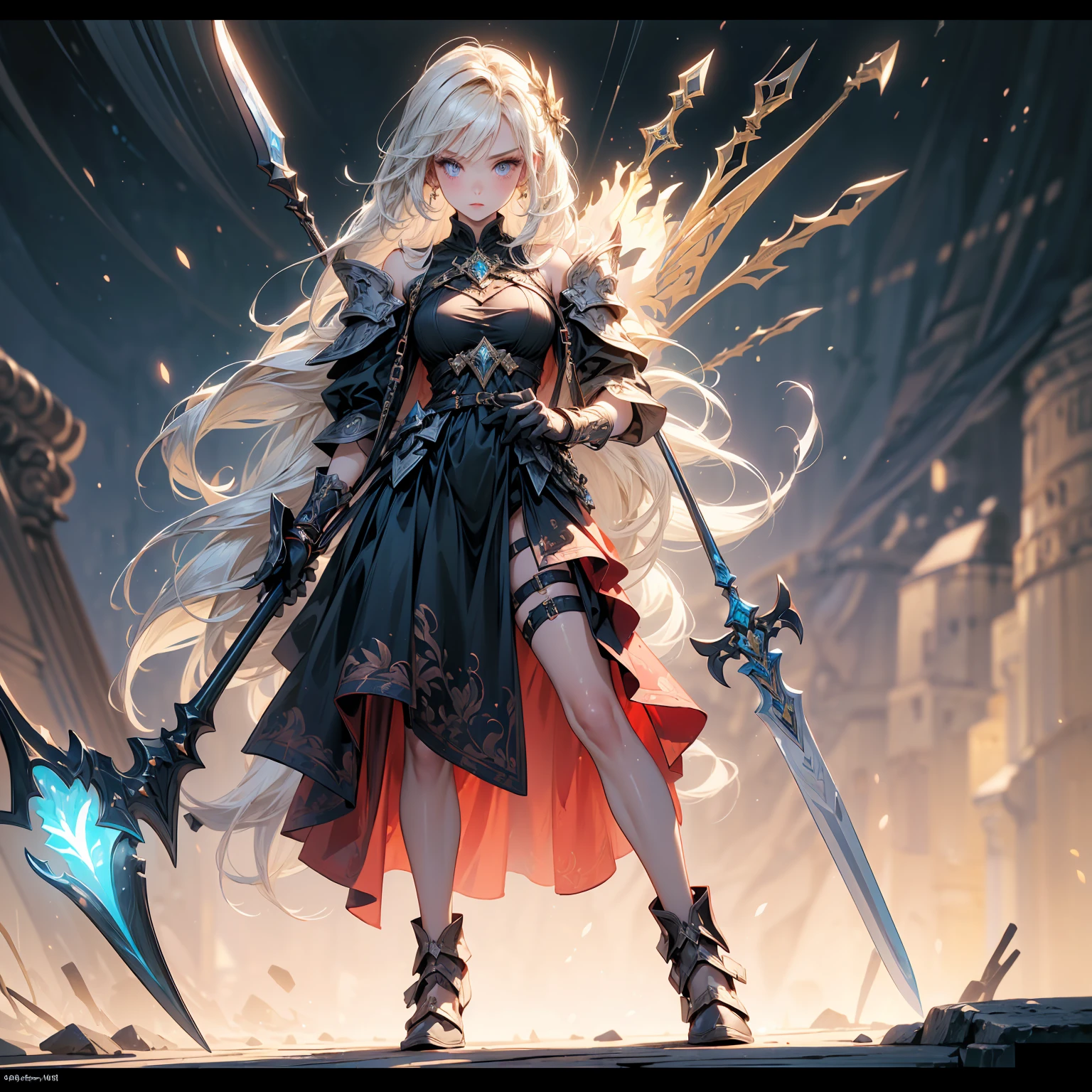 Design a layout showcase Gaming character, (1girl). Golden+Purle clothes, stylish and unique, ((showcase weapon:1.4)), magic staff, (masterpiece:1.2), (best quality), 4k, ultra-detailed, (Step by step design, layout art:1.5), (luminous lighting, atmospheric lighting), magican, ((glove full hands)), (((revealing clothes:1.3))), vambraces, armored legwear, (((full_body_shot:1.4)))