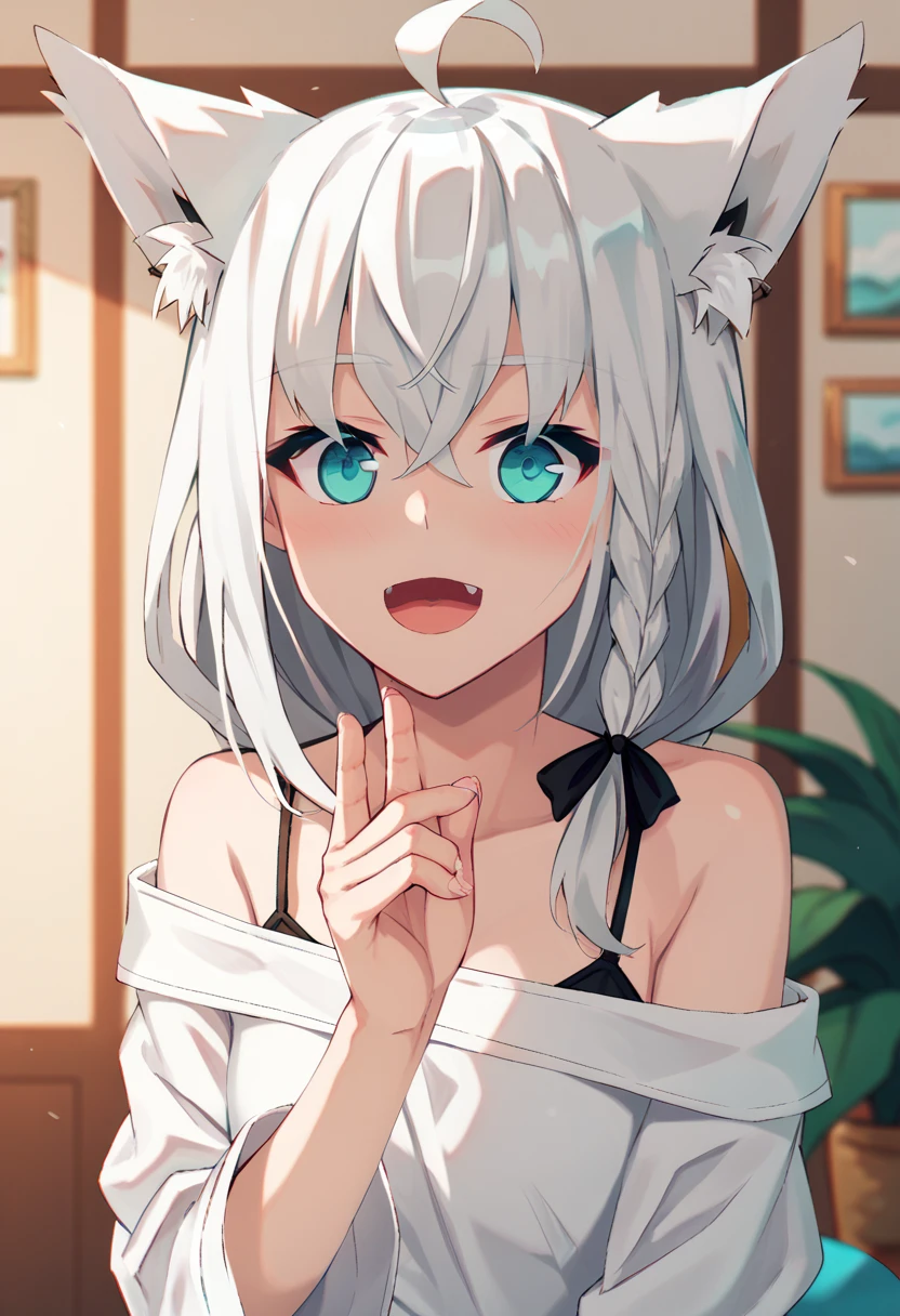{{{Shirakami_fubuki}}}, Fox Girl, Gray Hair,Braiding, Ahoge, Animal ear hair, Aqua Eye, Black Ribbon, White shirt, Off the shoulder