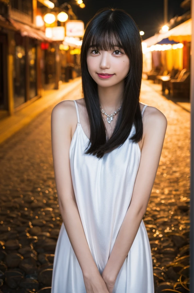 a woman,1 girl,black hair, hair bobbles, longeyelashes, solid circle eyes, light smile, mole under eye, piercing, light smile, shy, puckered lips, Surrealism, drop shadow, stereogram, pov, atmospheric perspective, depth of field, first-person view, f/1.8, 8k, super detail, ccurate, best quality, highres, best quality,full body,professional lighting,moonlight,evening,beach,necklace,race queen