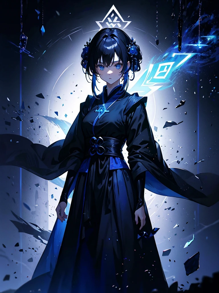25-year-old girl、Rune background、black magician、Wearing a black robe、mesmerize、cute woman、Elegant hairstyle、indigo hair color、Slightly shorter hair、blue eyes、look at the viewer、masterpiece、Best image、