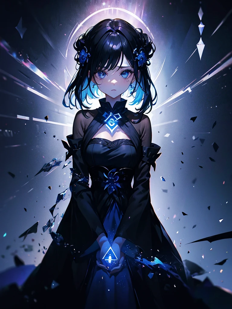 25-year-old girl、Rune background、black magician、Wearing a black robe、mesmerize、cute woman、Elegant hairstyle、indigo hair color、Slightly shorter hair、blue eyes、look at the viewer、masterpiece、Best image、