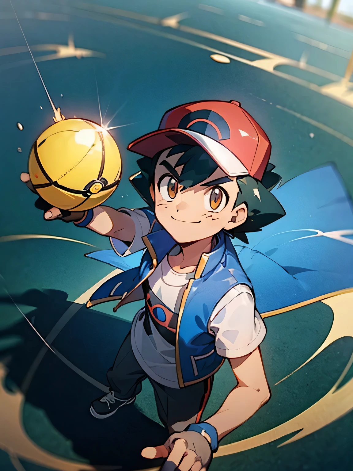 from above1.3,(masterpiece, best quality:1.2), (ball throwing pose:1.2), dutch angle,solo, 1boy pokemonketchum, smile, looking at viewer, baseball cap, blue jacket, sleeveless jacket, shirt, short sleeves, pants, fingerless gloves,