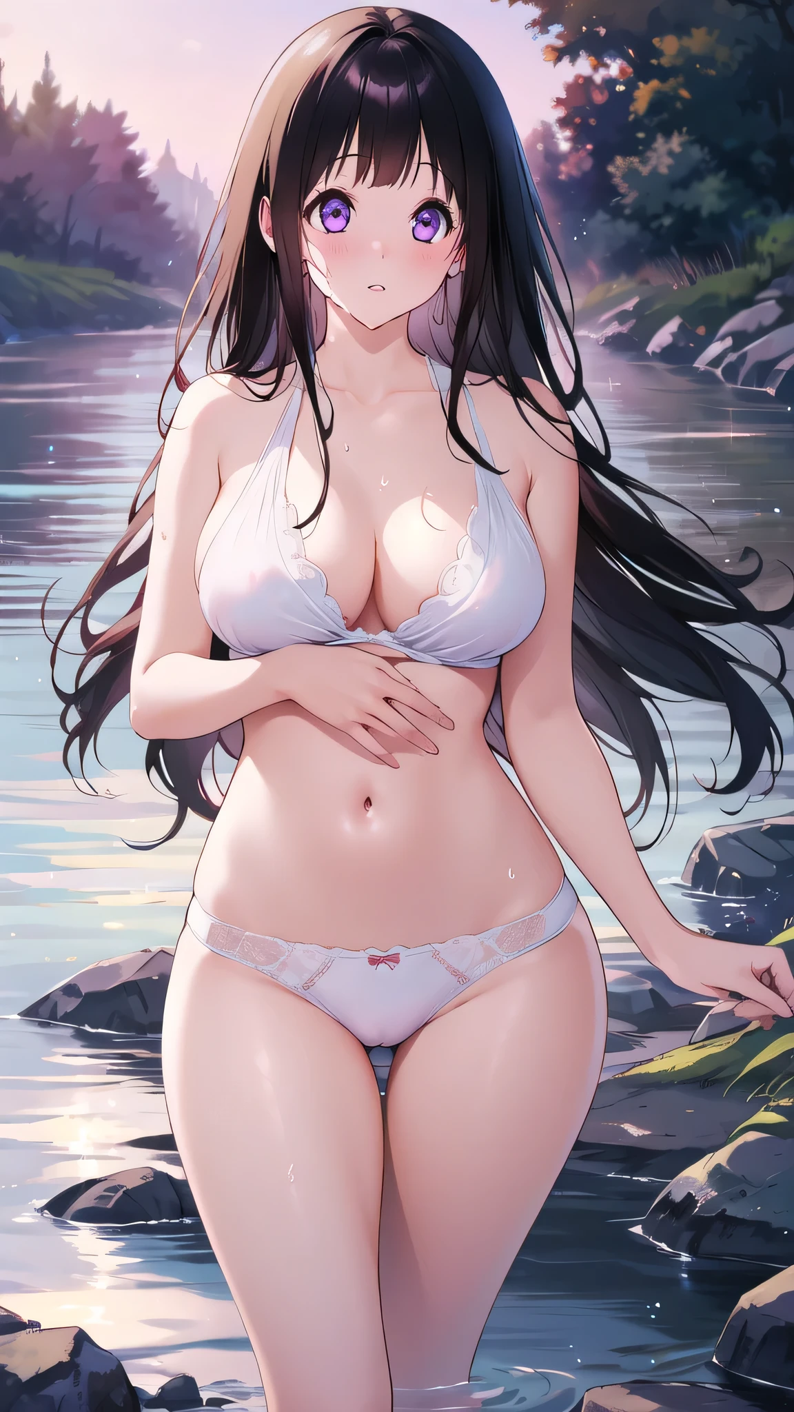 Beautiful Chitanda，There is only one beautiful girl，Purple Eyes, Black Hair, Natural straight hair, Straight bangs，Extremely refined，open your lips，Face is so red，Very white skin，Skin as delicate as porcelain，Glowing skin，big eyes，Flowing long hair，beautiful girl, Like a dream，Slim，Slim waist，soft, (sensuous), (Kawaii), Dream quality，By the River，No top，Flowers，Standing，Touch your body，Water Flow，Foam，Rub your ???????，crap，Sweaty and sweaty，Wet skin，Profile，Side ???????，????????? Rain，（Completely ?????），Gluteal groove，Completely ????? back，nacked hip，???? belly，very close，Deep V neckline，Loose neckline，Beautiful ???????????，????????，Delicate clavicle，Delicate hands and feet，???? neck，There are ?????????? around the neck，???? thighs，Exposing the groin，?????????，extremely shy，Ultra-high resolution, (masterpiece:1.2, best quality), (Delicate and beautiful eyes: 1.2), (Beautiful and delicate face)