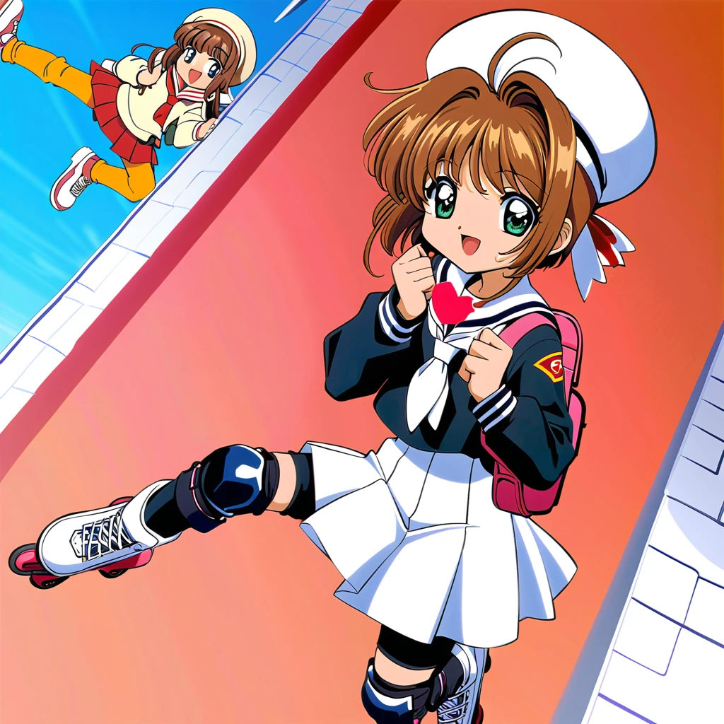 roller skate, One Girl, Annoying, Brown Hair, kinomoto sakura, white skirt, inline skate, skate, Uniforms of Tomoeda , cherry blossoms, , skirt, Green Eyes, White Hat, bag, Backpack, Open your mouth, have, 1990s (style), petal, short hair, smile, retro artstyle, pleateD skirt, Hair ties, :D, Knee pads, whole body, bangs, View your audience, Seraphim, Antenna Hair, woman , hair ornaments, Living things, black shirt, wing, Long sleeve, neckerchief, Sailor collar, Outdoor, shirt, Day, 