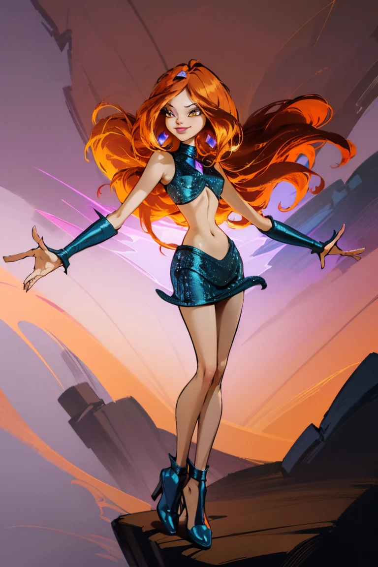 (masterpiece:1.2, best quality, bloom from winx, smug sexy smile, eyes looking away from camera, fullbody dynamic pose, dark crystals, beautiful firetrail), ulra-detailed, realistic, vibrant colors, oil painting, intricate brush strokes, dramatic lighting