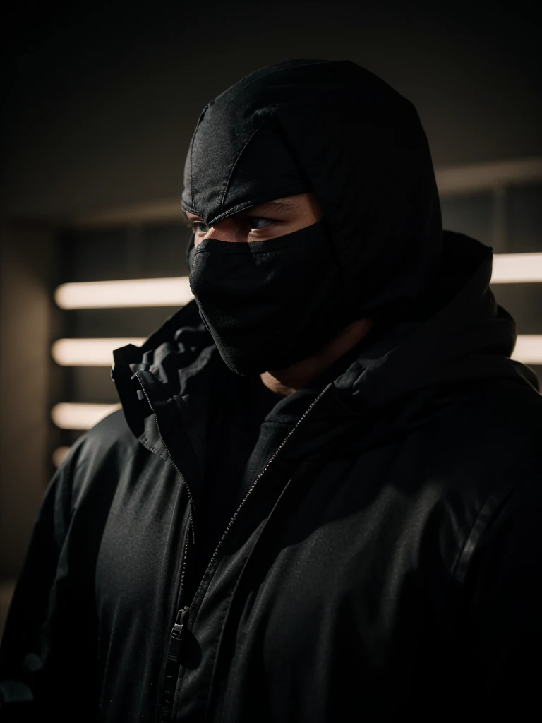 mysterious masked man wearing black in the dark