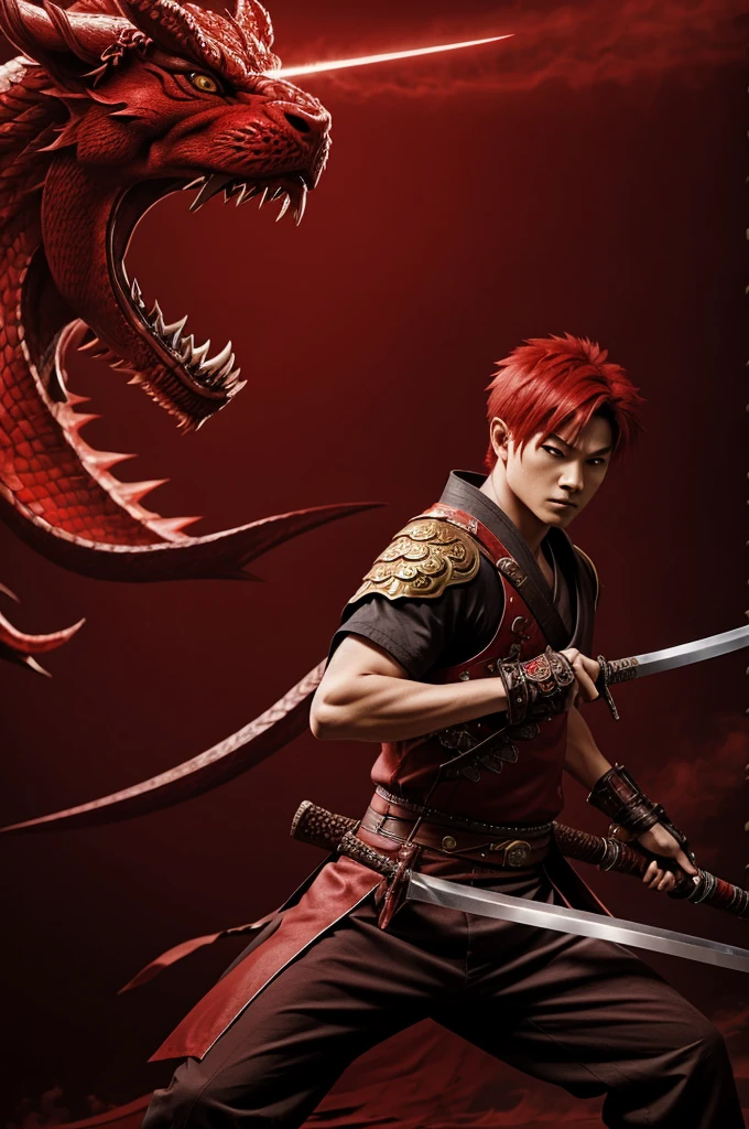 A boy with red hair, gold eyes, wearing a red haori, with a demon hunter outfit, using the ready position before starting to draw his nichirin katana with a red mist behind him and a japanese dragon behind her